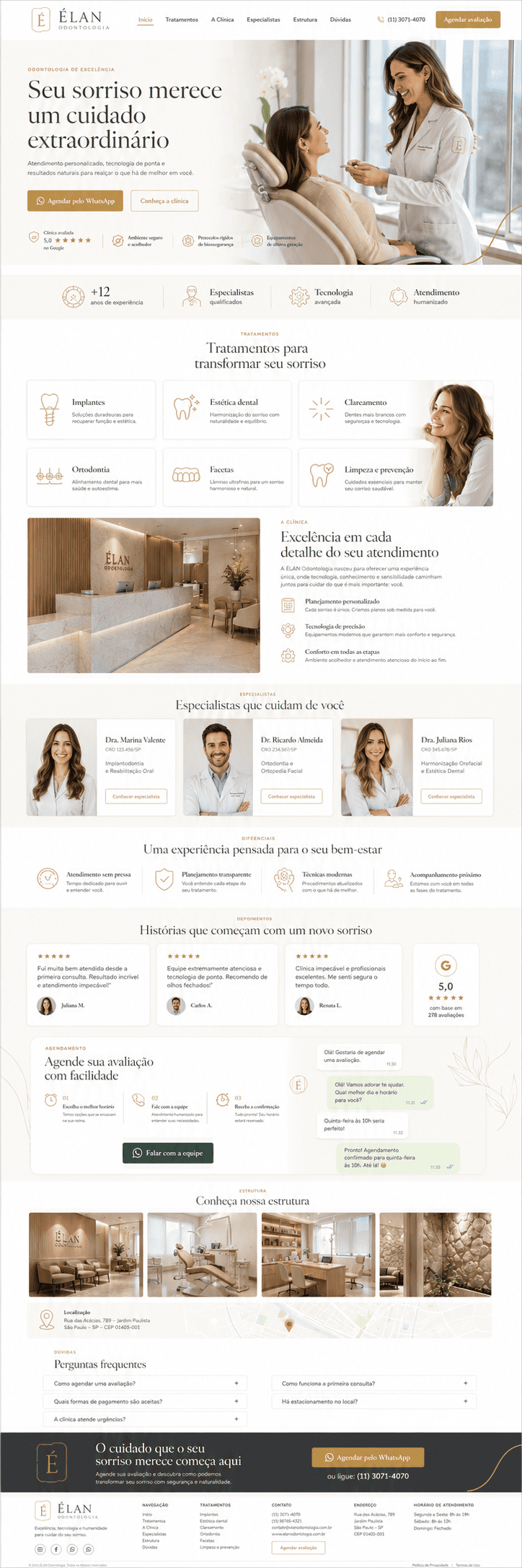 Prévia de site premium para clínica odontológica com tratamentos, equipe e agendamento pelo WhatsApp