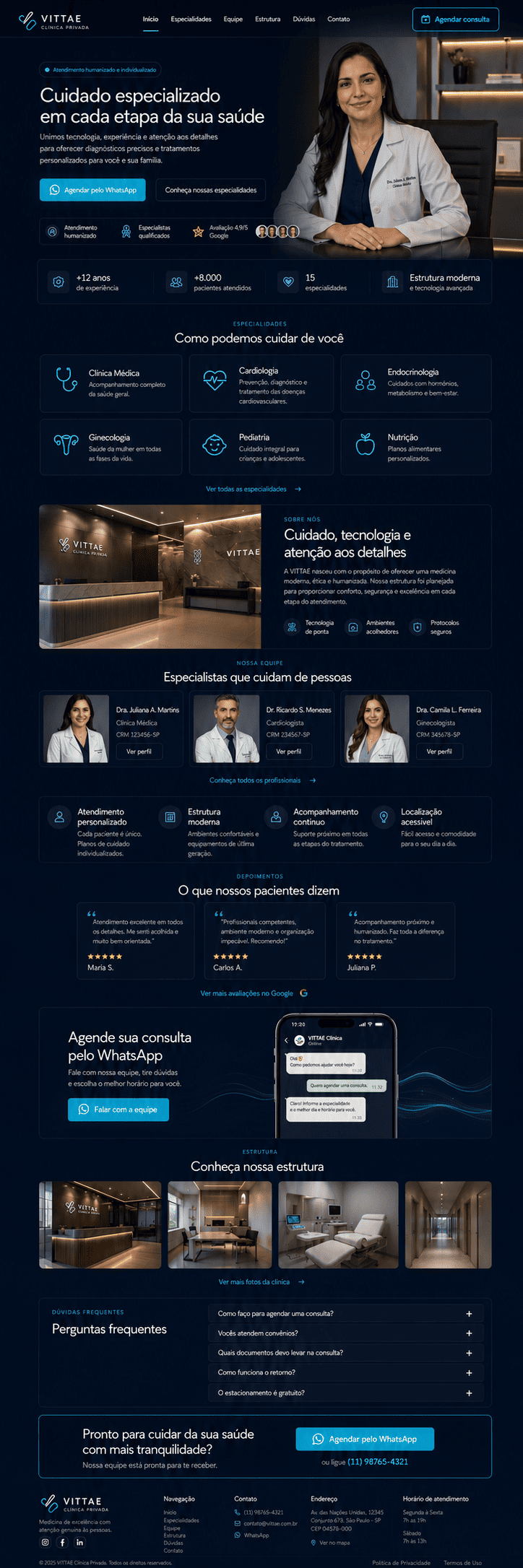 Prévia completa de site premium para clínica com serviços, equipe, localização e agendamento