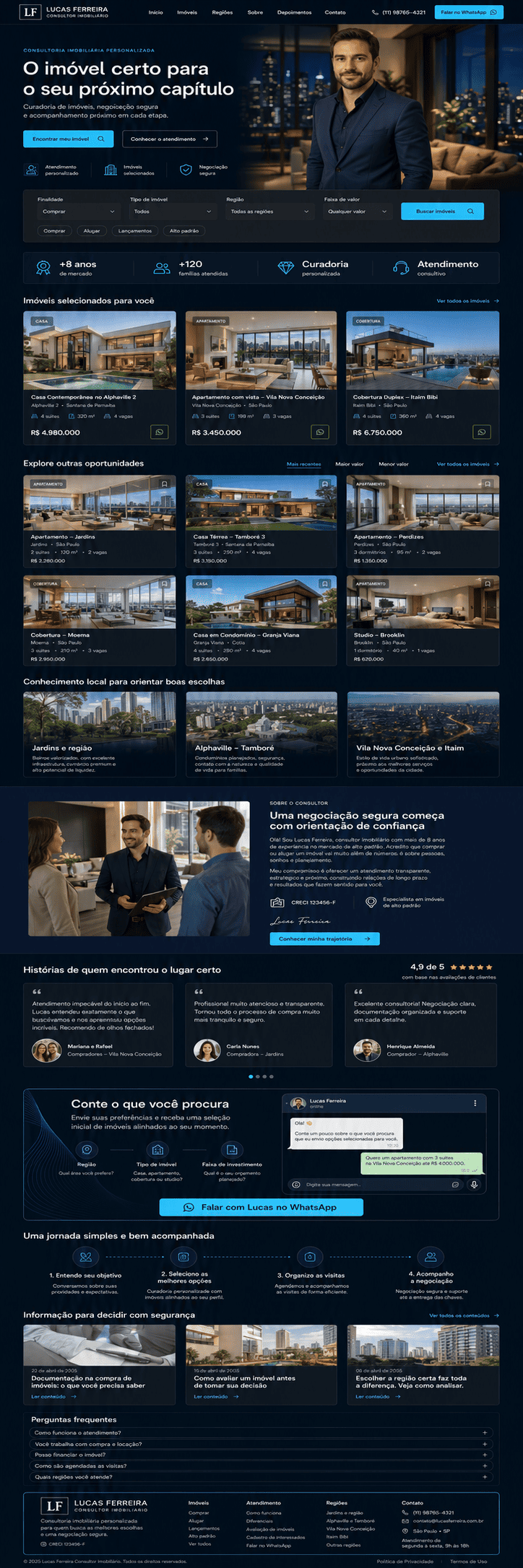 Prévia de site premium para corretor de imóveis com apresentação profissional e imóveis em destaque