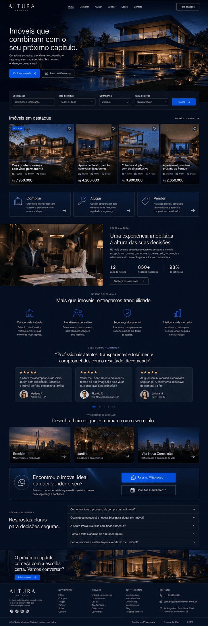 Prévia completa de site premium para imobiliária com catálogo de imóveis e contato pelo WhatsApp