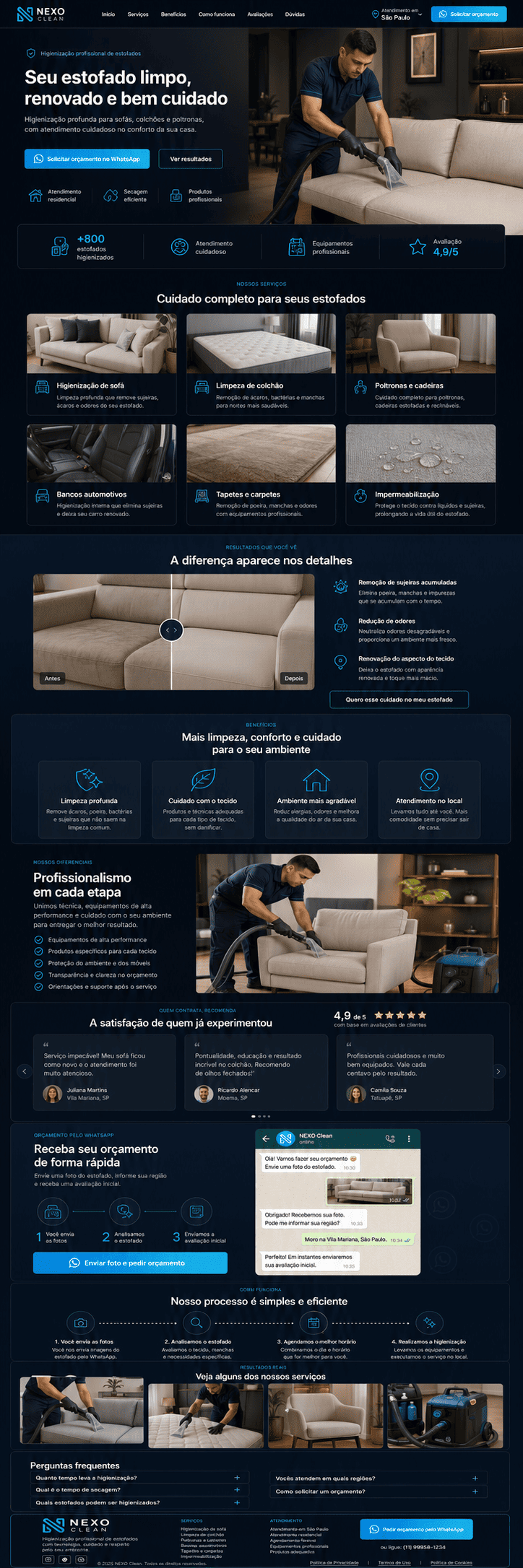 Prévia completa de site premium para prestador de serviço com portfólio, regiões atendidas e orçamento pelo WhatsApp